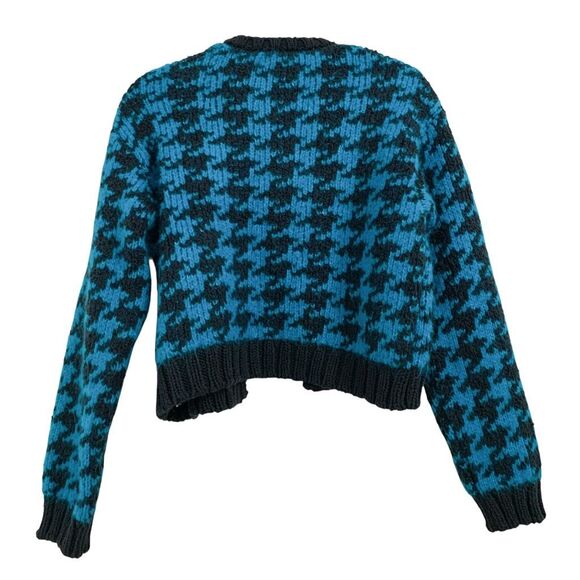 New ZARA chunky cropped open cardigan sweater houndstooth geometric blue Sz S - Picture 2 of 7